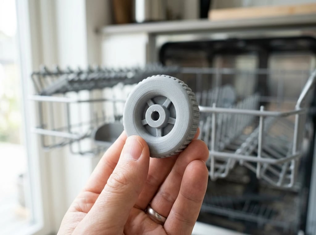 3D-printet kurvhjul som passer til oppvaskmaskin, holdt i hånd