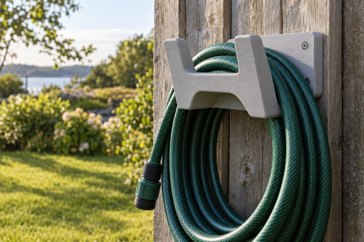 En 3D-printet slangeholder i lys grå plast montert på en trevegg utendørs, med en hageslange kveilet rundt og grønt gress i bakgrunnen.