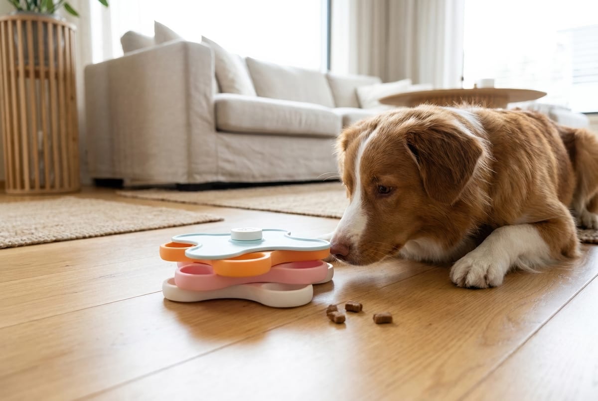 En hund ligger på et stuegulv og snuser på aktivitetsleken Vri, med noen godbiter ved siden av.