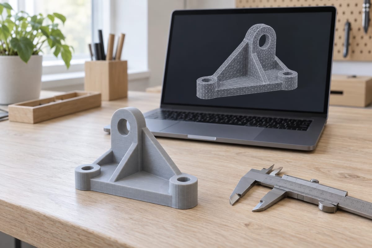 En bærbar PC på et arbeidsbord viser en 3D-modell som et nett av trekanter, med den ferdig printede delen og en skyvelære ved siden av.