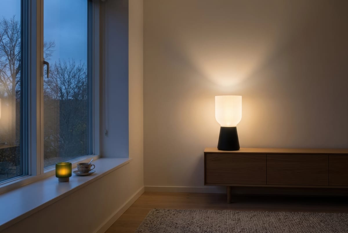 Stue en mørk oktoberettermiddag med taklampen slukket, en LEAH-bordlampe tent på skjenken og en LEAH Mini i vinduskarmen.