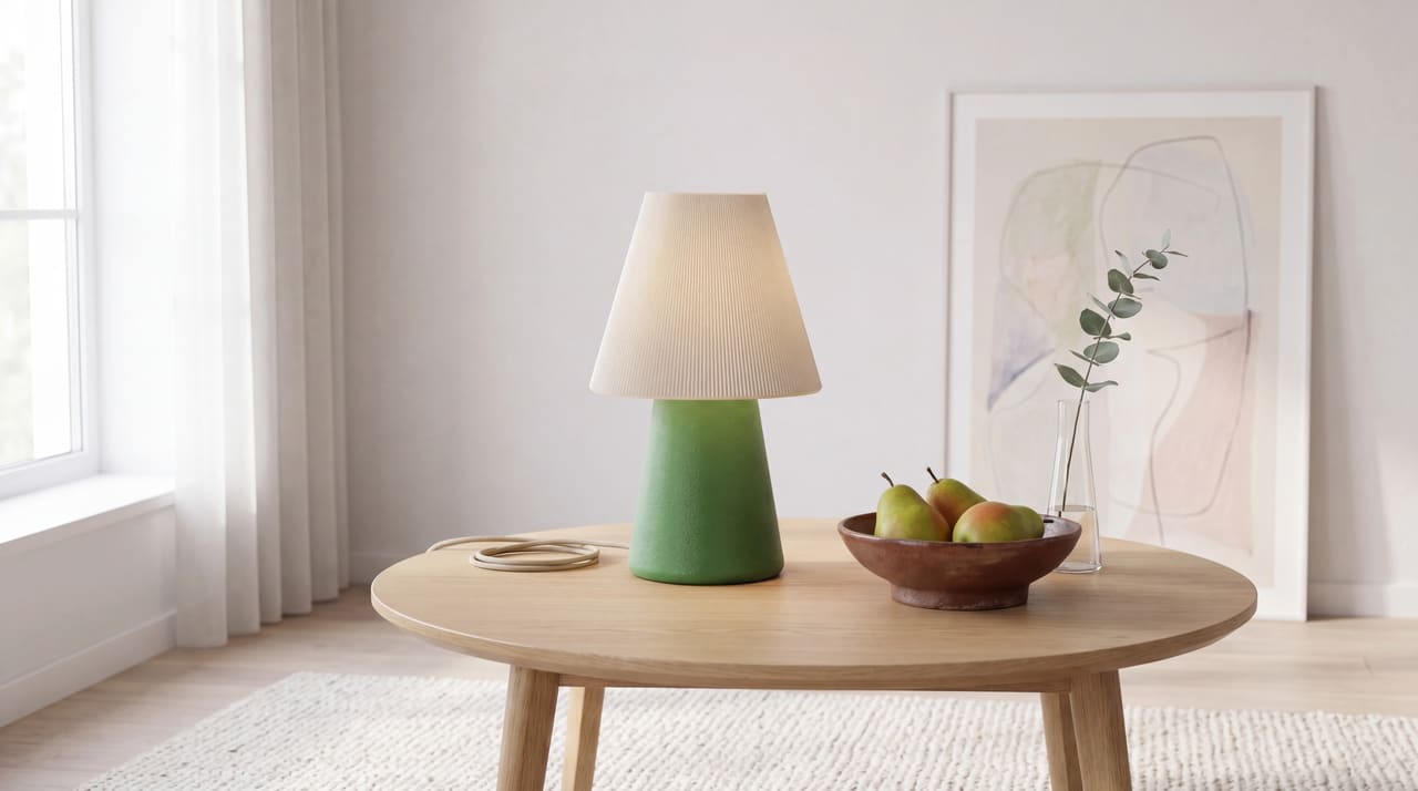 LEAH 3331 med Mistletoe Green skjerm og Bone White base i en lys, minimalistisk stue på formiddagen. Lampen står på et eikekaffebord med brun keramikkbolle med tre grønne pærer og en slank glassvase med eukalyptus. Hvit pussvegg i bakgrunnen med en uinnrammet pastelltegning lent mot veggen, naturlig dagslys fra venstre.