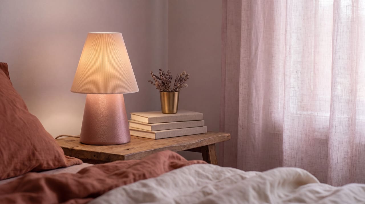 LEAH 3331 med Rose Gold skjerm og varm beige base på et nattbord ved sengen i tidlig morgenlys. Sengetekstiler i rust og kremhvit, en stabel bøker i naturlinbinding og en liten messingkopp med tørkede sløyfeblomster. Mykt morgenlys filtrert gjennom tynt lingardin utenfor bildeflaten.