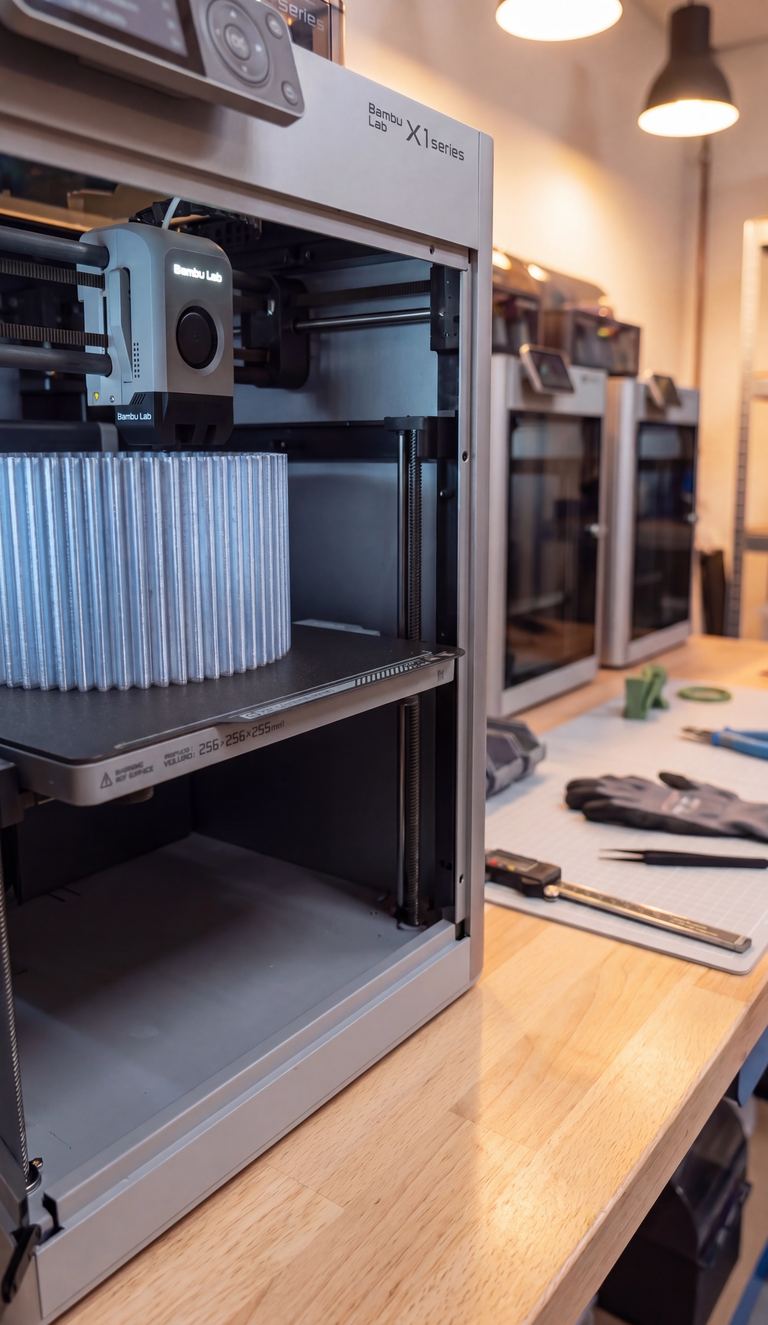 3D-printer i Formheims verksted som printer en LEAH-skjerm, halv-transparent materiale fra printerkammeret reflekteres på den nye delen
