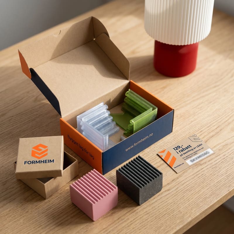 Kraftpapir-eske med oransje folietrykk åpnet for å vise fire fysiske vareprøver av LEAH - to skjerm-materialer i matt og halvtransparent og to base-materialer i ulike farger