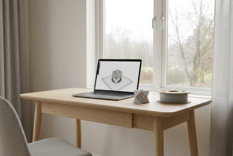 En bærbar PC viser en grå 3D-modell i et slicerprogram, ved siden av en ferdig 3D-utskrift på et skrivebord.